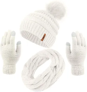 Aneco Womens Winter Warm Sets Knitted Fur Pompoms Beanie Hat Circle Loop Scarf Touch Screen Gloves Winter Favor Accessories