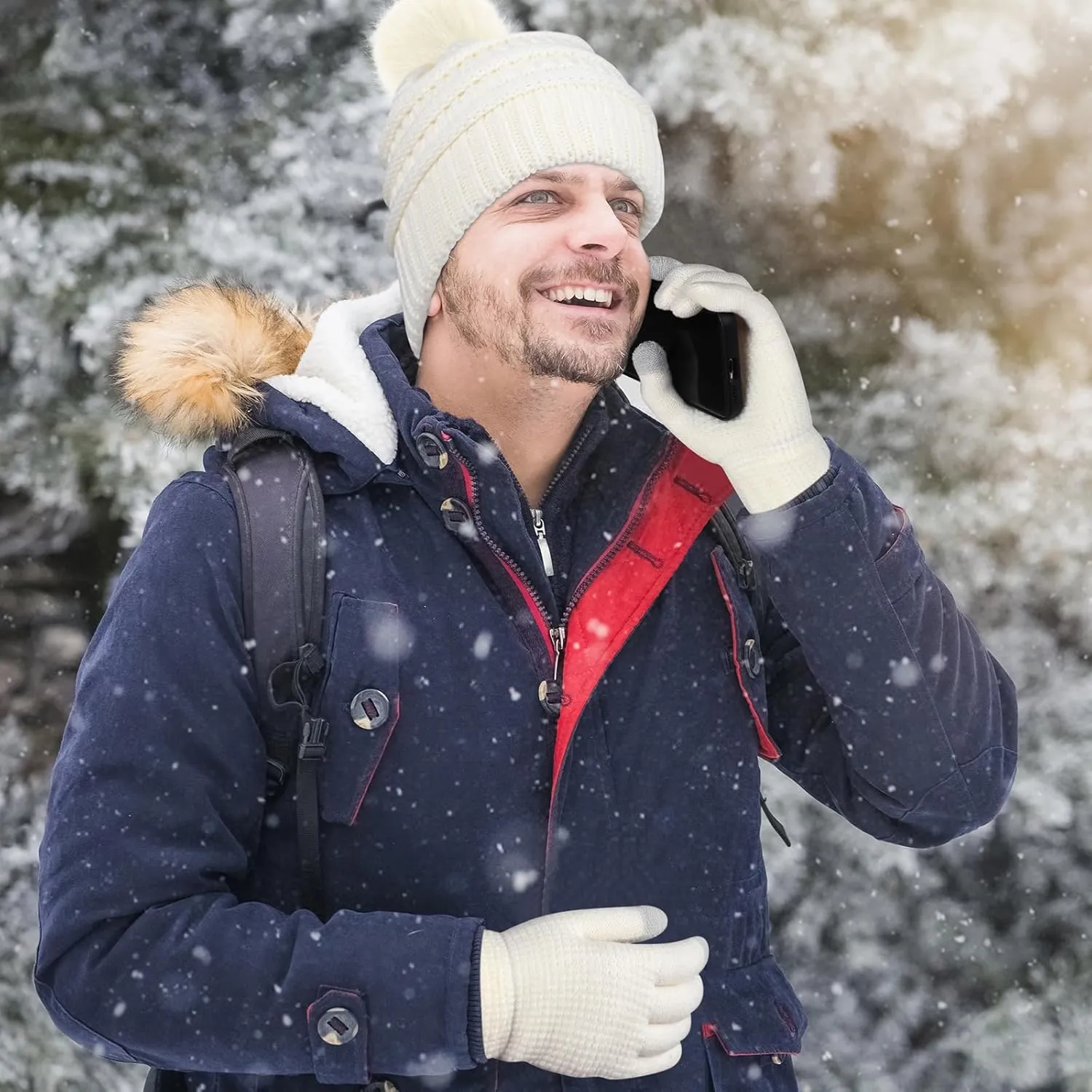 Aneco Womens Winter Warm Sets Knitted Fur Pompoms Beanie Hat Circle Loop Scarf Touch Screen Gloves Winter Favor Accessories