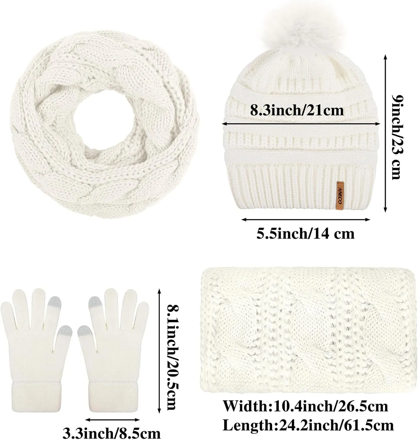 Aneco Womens Winter Warm Sets Knitted Fur Pompoms Beanie Hat Circle Loop Scarf Touch Screen Gloves Winter Favor Accessories