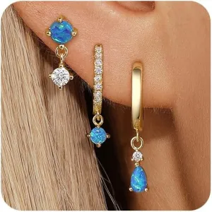 Angelady Gold Hoop Opal Earrings Set for Women, Gold Plated Hypoallergenic Flat Back Opals Stud Earring for Women, Dainty Stackable Blue Opal Huggie Dangle Earrings Trendy 2025 Jewelry Gifts