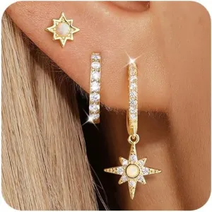 Angelady Opal Earrings Set for Women, Hypoallergenic S925 Sun Stud Earring for Sensitive Ears, Dainty Hoop Huggie Silver Opal Dangle Earring Stacks, Gold Earrings for Women Trendy 2025