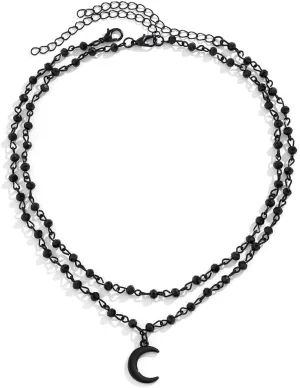 Angyape Moon Necklaces for Women Men, Black Moon Pendant Double Layered Beaded Choker Necklace Trendy Gothic Y2k Adjustable Necklace Jewelry Gifts