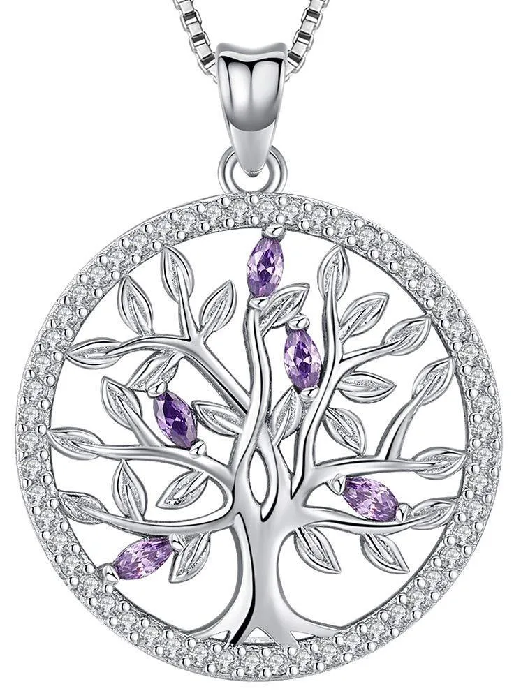Aniu Family Tree of Life Necklace for Women/Girls, 925 Sterling Silver Birthstone Pendant, 5A Cubic Zirconia Jewellery(with Gift Box) purple
