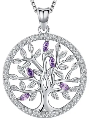 Aniu Family Tree of Life Necklace for Women/Girls, 925 Sterling Silver Birthstone Pendant, 5A Cubic Zirconia Jewellery(with Gift Box) purple