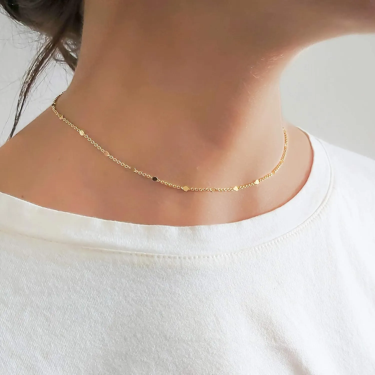 Annika Bella Chain Choker Necklace, Length 13-16 Inches, Minimalist Simple Gold Necklaces, Dainty Gold Chokers for Layering (Dotted Chain)
