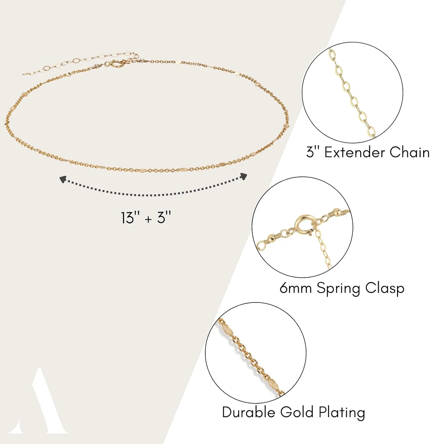 Annika Bella Chain Choker Necklace, Length 13-16 Inches, Minimalist Simple Gold Necklaces, Dainty Gold Chokers for Layering (Dotted Chain)
