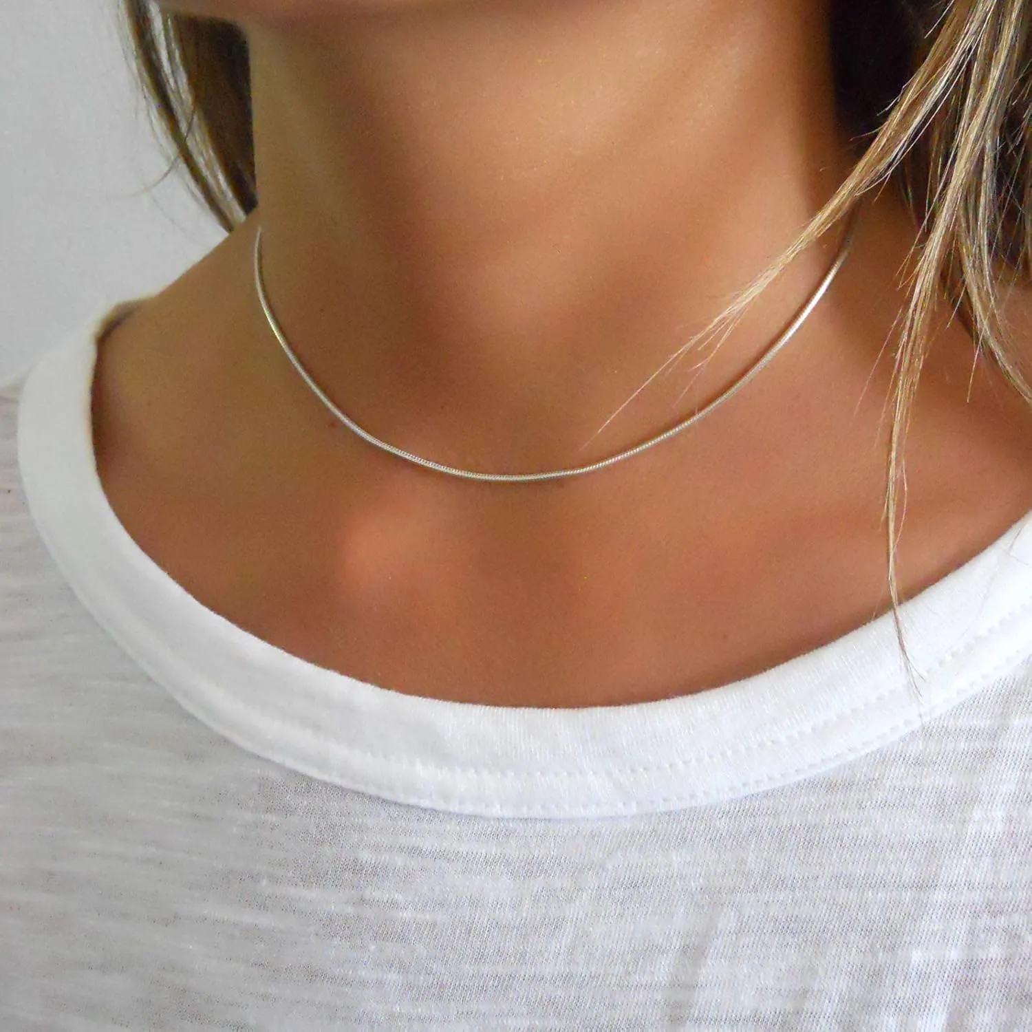 Annika Bella Edgy Snake Chain Choker, 925 Silver Necklaces, Minimalist Adjustable Layering Chokers, Waterproof Jewelry for Women and Teens (Snake)