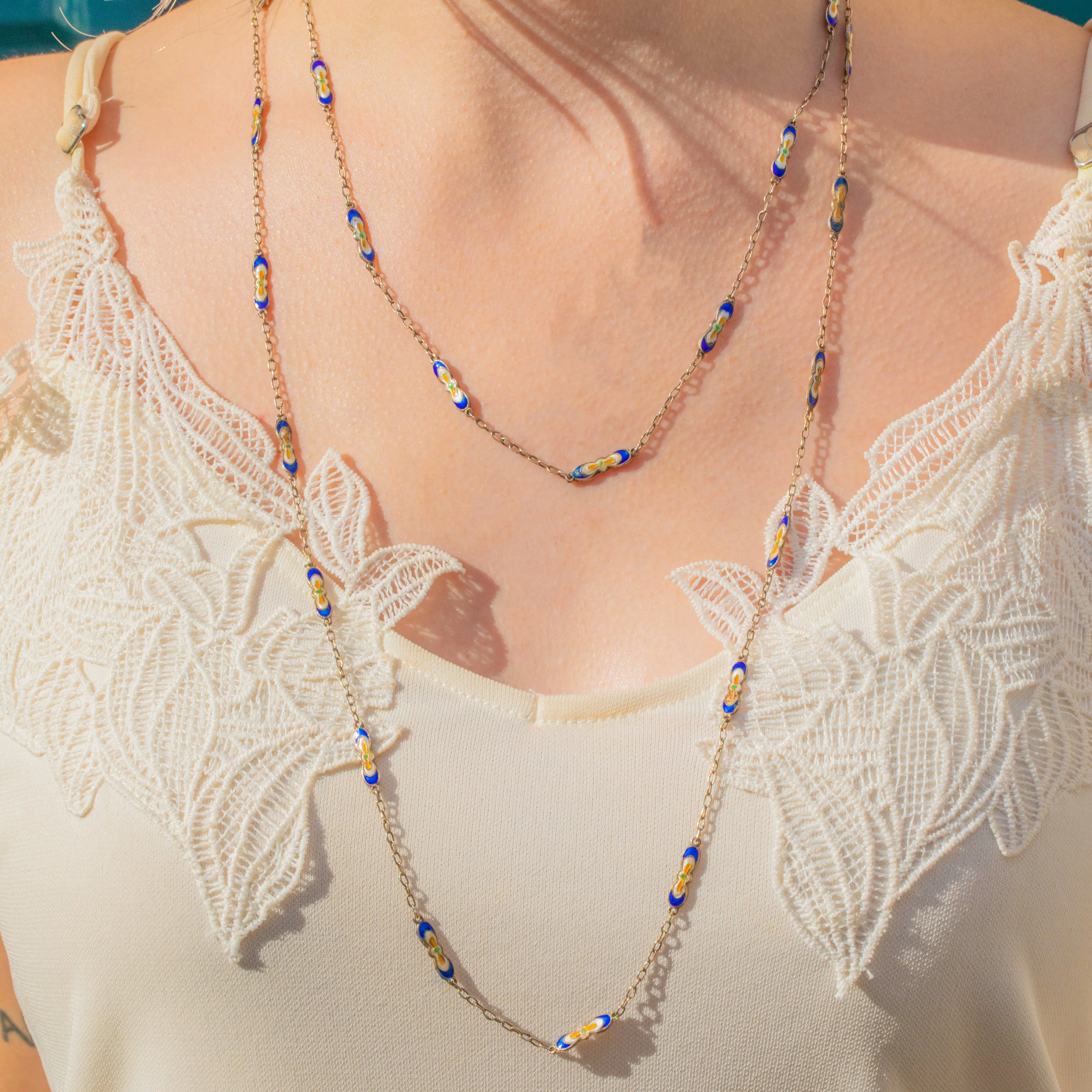 Antique Silver Blue Enamel Forget-Me-Not Necklace- 2 x Separate Chains!