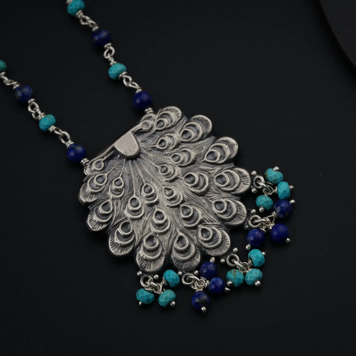 Antique Silver Necklace with Lapis and Turquoise Beads