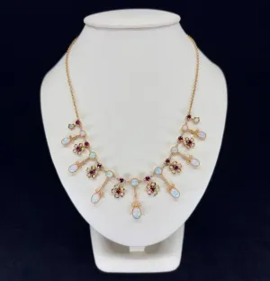 Antique Victorian Opal and Ruby Gold Fringe Necklace
