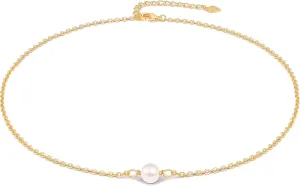 Aobei Pearl 18K Gold Chain Choker Freshwater Cultured Pearl Pendant Necklace CZ Bow Charm Neck Jewelry Handmade for Women