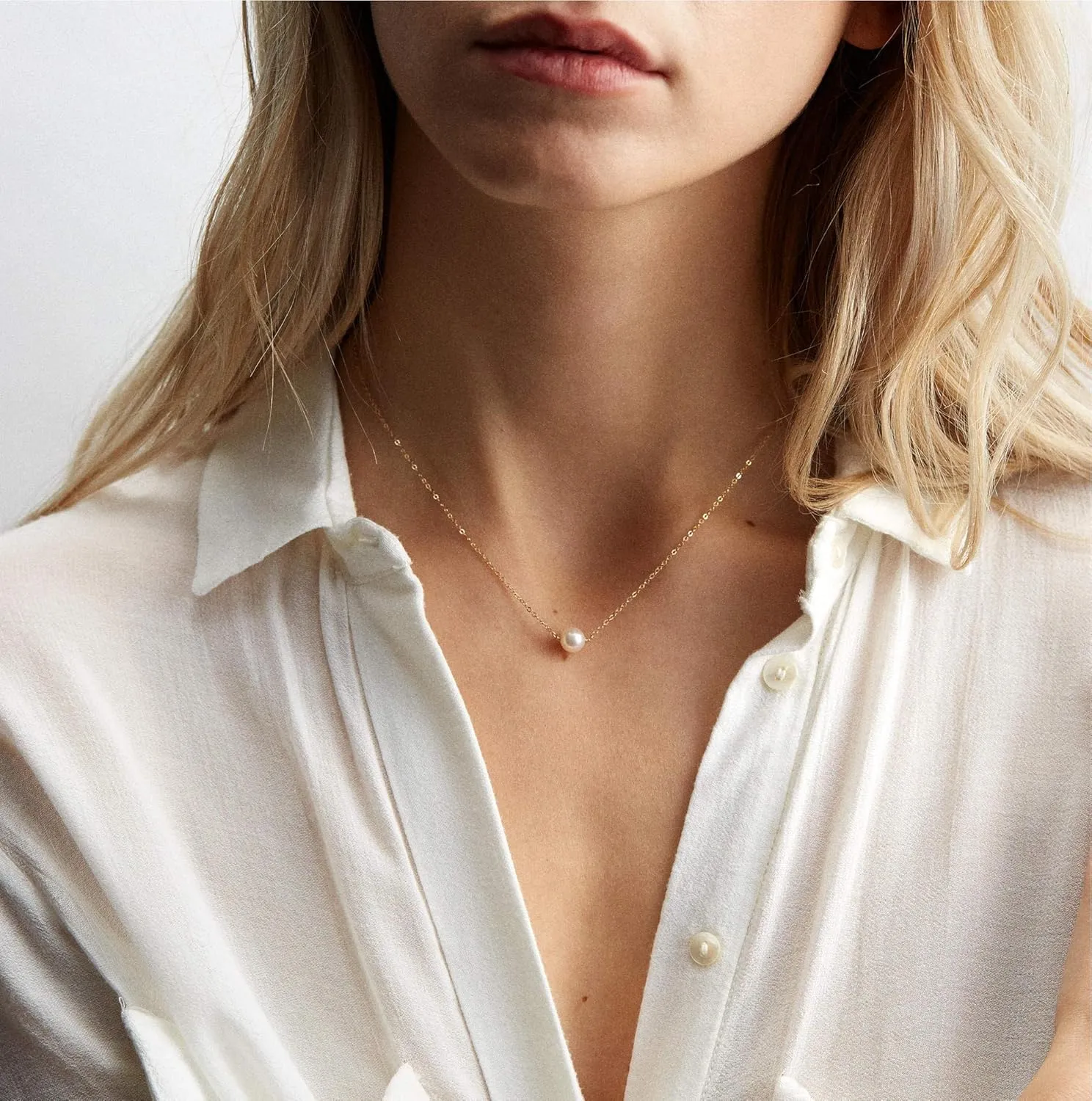 Aobei Pearl 18K Gold Chain Choker Freshwater Cultured Pearl Pendant Necklace CZ Bow Charm Neck Jewelry Handmade for Women