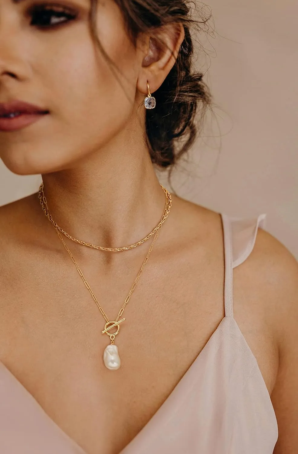 Aobei Pearl 18K Gold Paperclip Chain Choker Satellite Chain Biwa Pearl Pendant Necklace Dainty Jewelry for Women