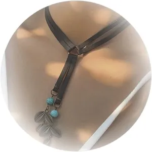Aonklot Bohemian Turquoise Pendant Necklace Layer Leather Necklace Vintage Long Choker Necklace Jewelry Gift