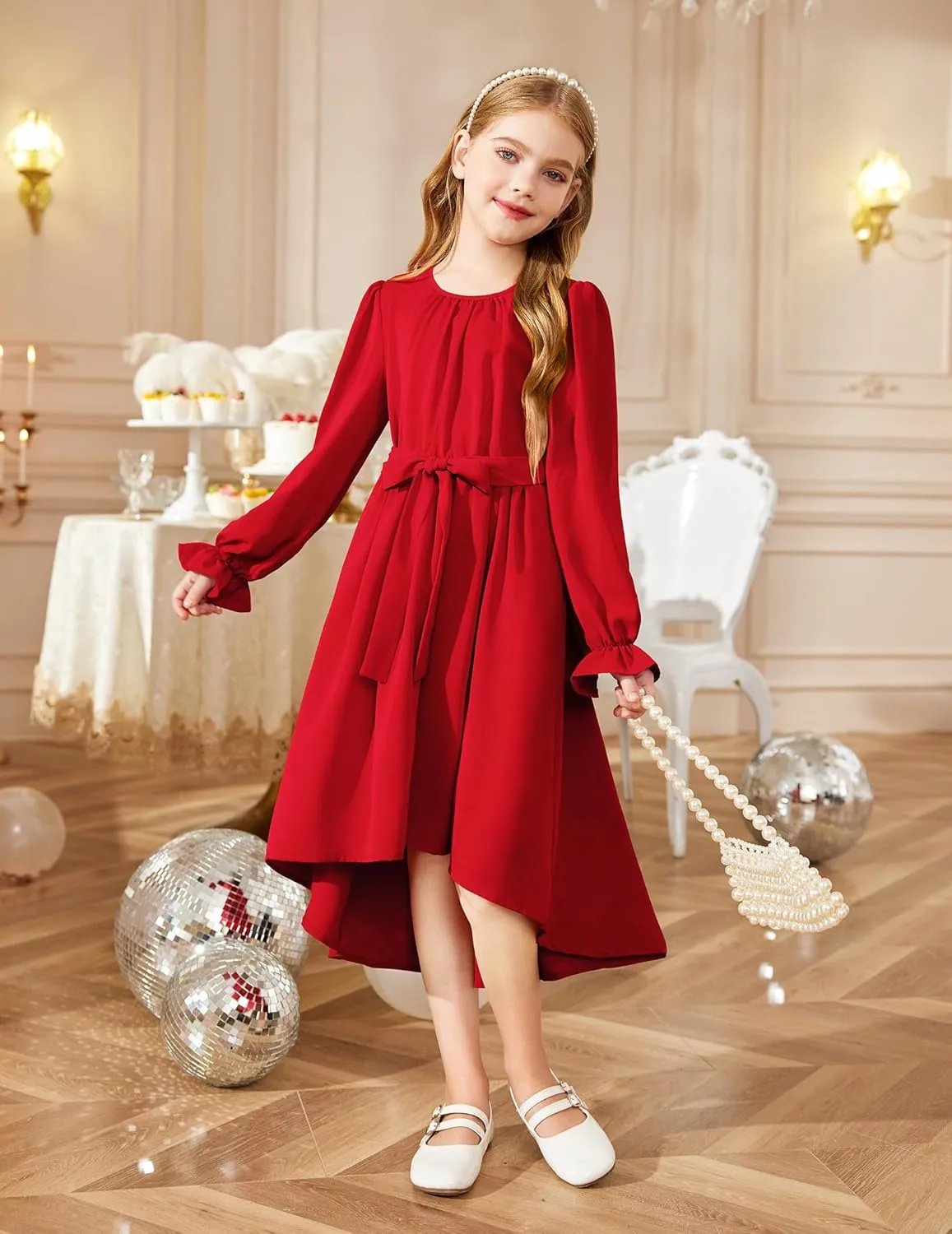 Arshiner Girls Long Sleeve Dress Low Flowy Swing Semi Party Dresses