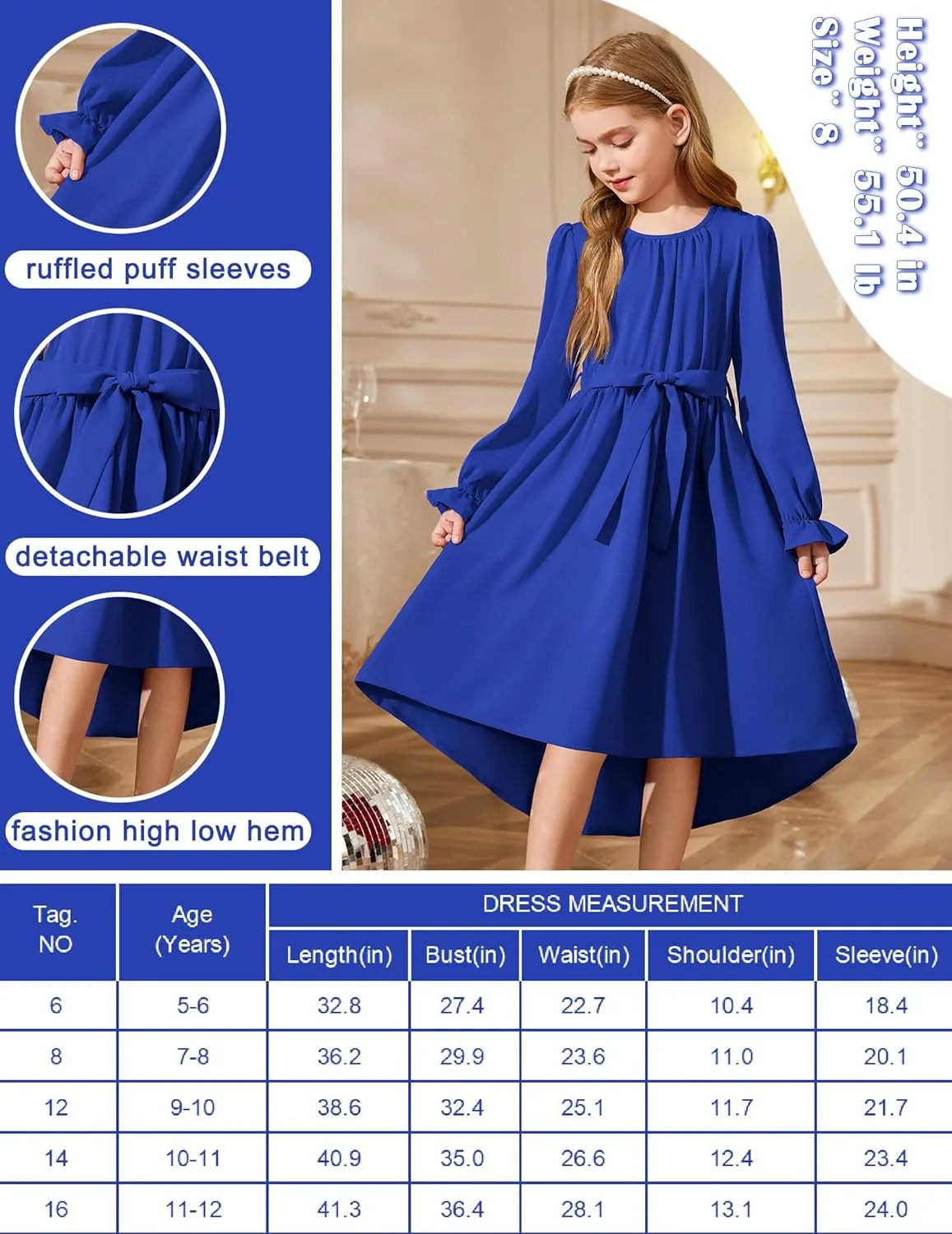 Arshiner Girls Long Sleeve Dress Low Flowy Swing Semi Party Dresses