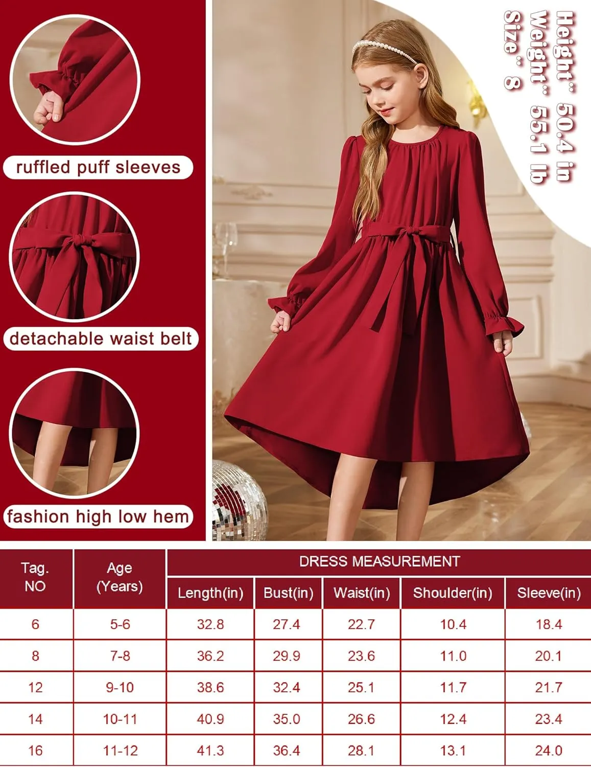 Arshiner Girls Long Sleeve Dress Low Flowy Swing Semi Party Dresses