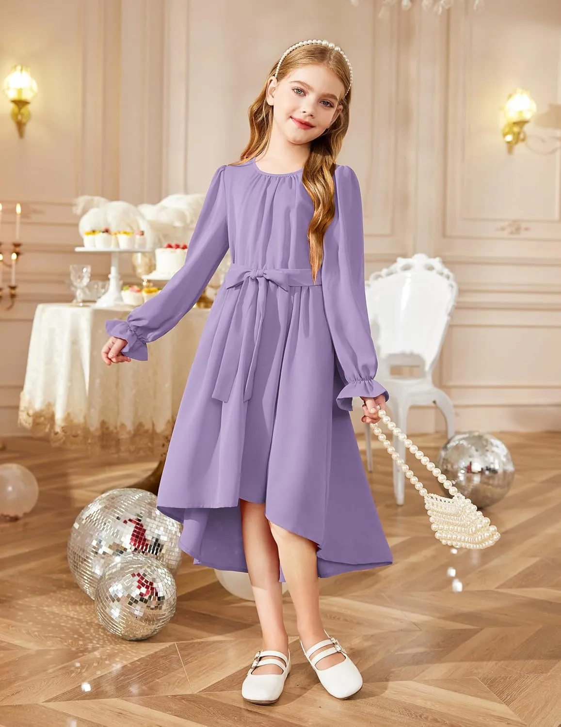Arshiner Girls Long Sleeve Dress Low Flowy Swing Semi Party Dresses