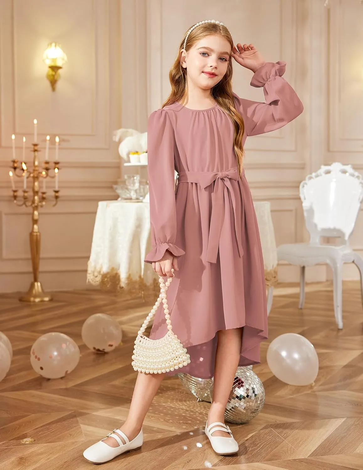 Arshiner Girls Long Sleeve Dress Low Flowy Swing Semi Party Dresses