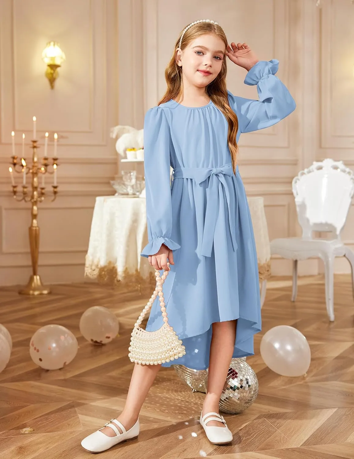 Arshiner Girls Long Sleeve Dress Low Flowy Swing Semi Party Dresses