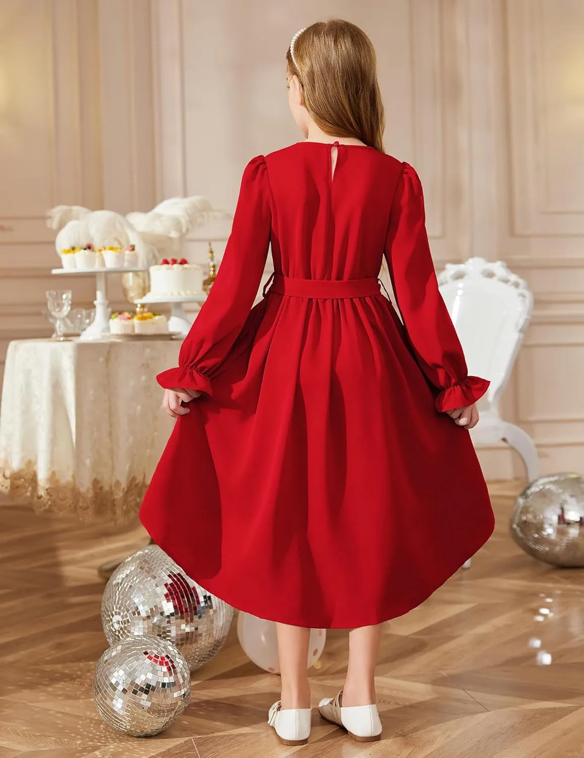 Arshiner Girls Long Sleeve Dress Low Flowy Swing Semi Party Dresses