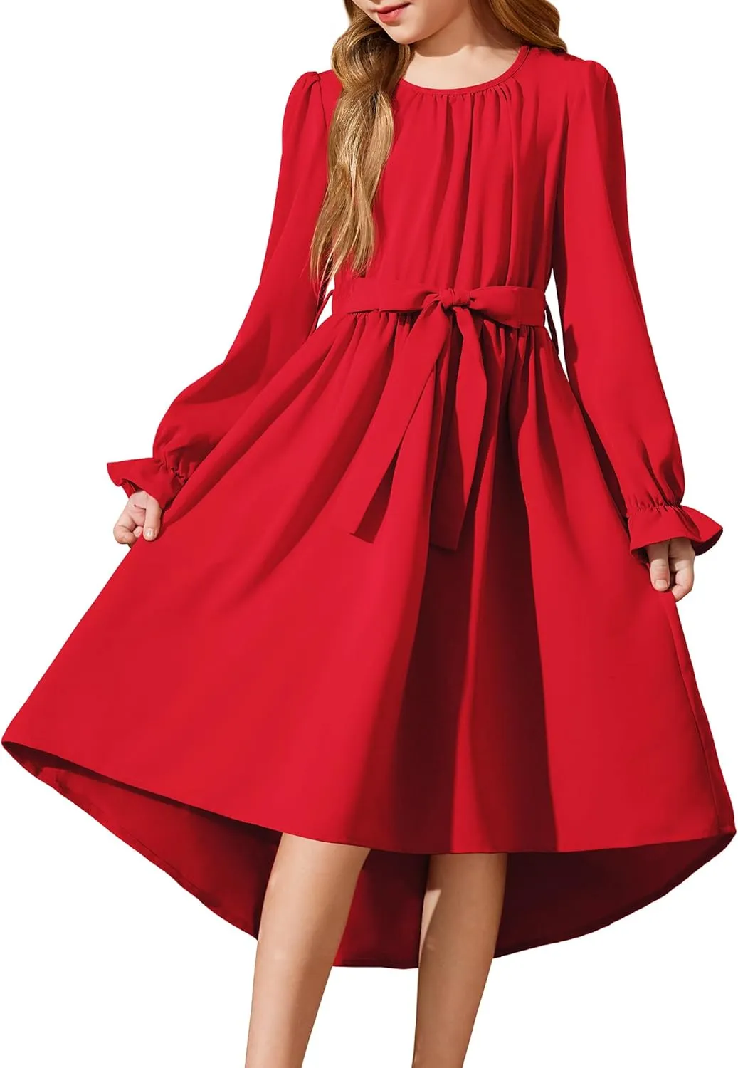 Arshiner Girls Long Sleeve Dress Low Flowy Swing Semi Party Dresses