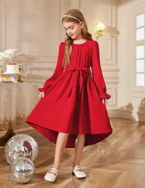 Arshiner Girls Long Sleeve Dress Low Flowy Swing Semi Party Dresses