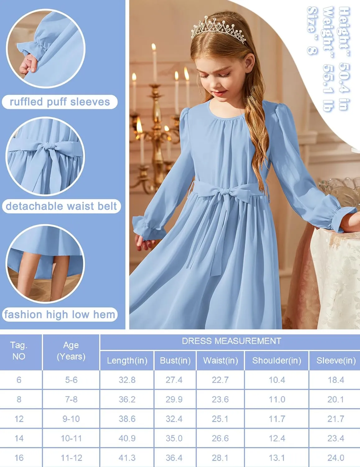 Arshiner Girls Long Sleeve Dress Low Flowy Swing Semi Party Dresses