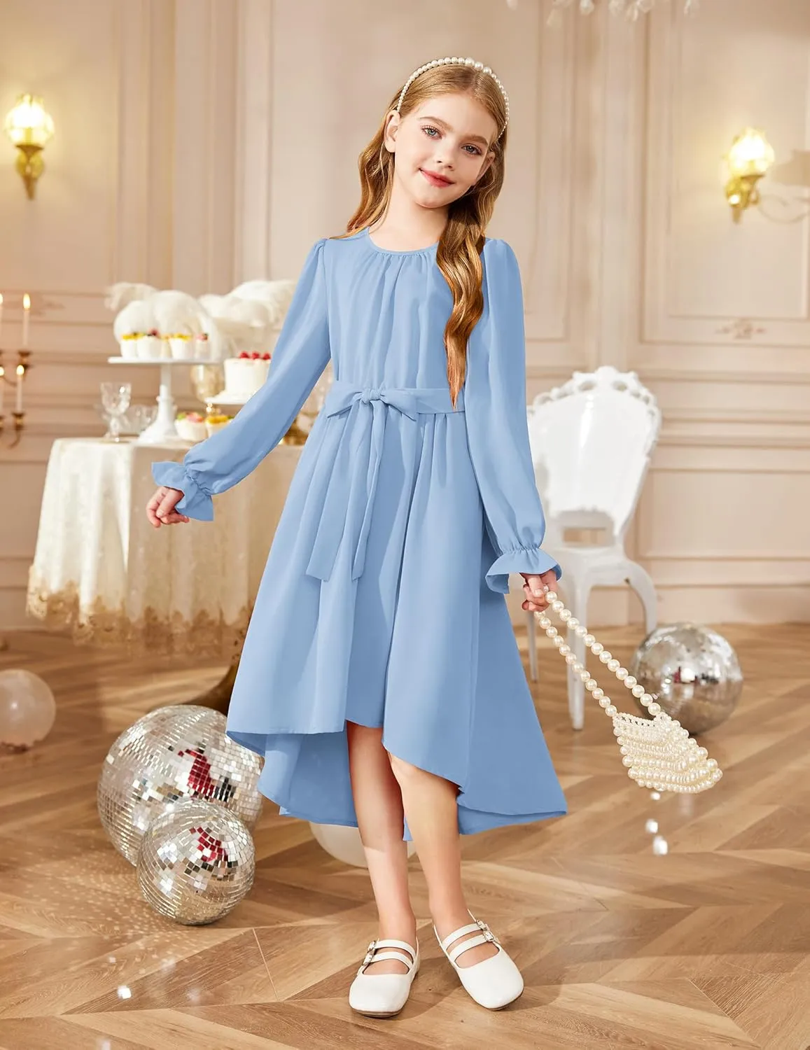 Arshiner Girls Long Sleeve Dress Low Flowy Swing Semi Party Dresses