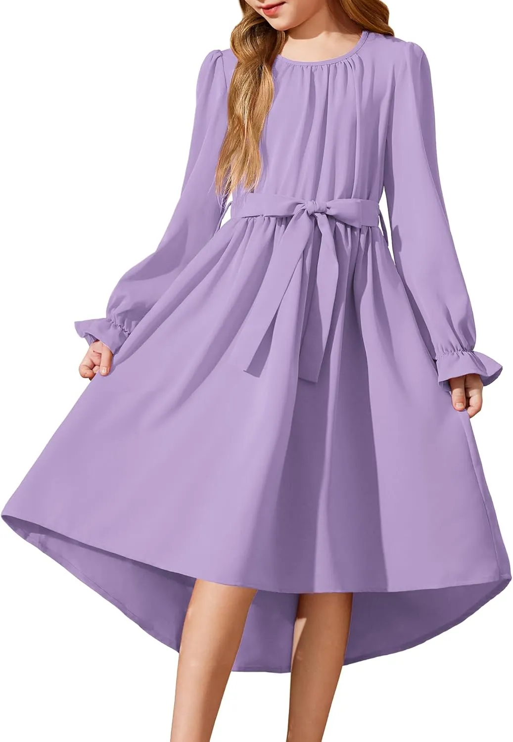 Arshiner Girls Long Sleeve Dress Low Flowy Swing Semi Party Dresses