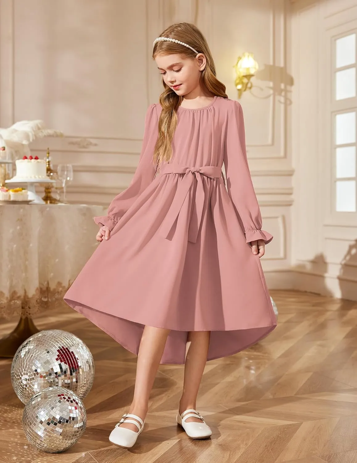 Arshiner Girls Long Sleeve Dress Low Flowy Swing Semi Party Dresses