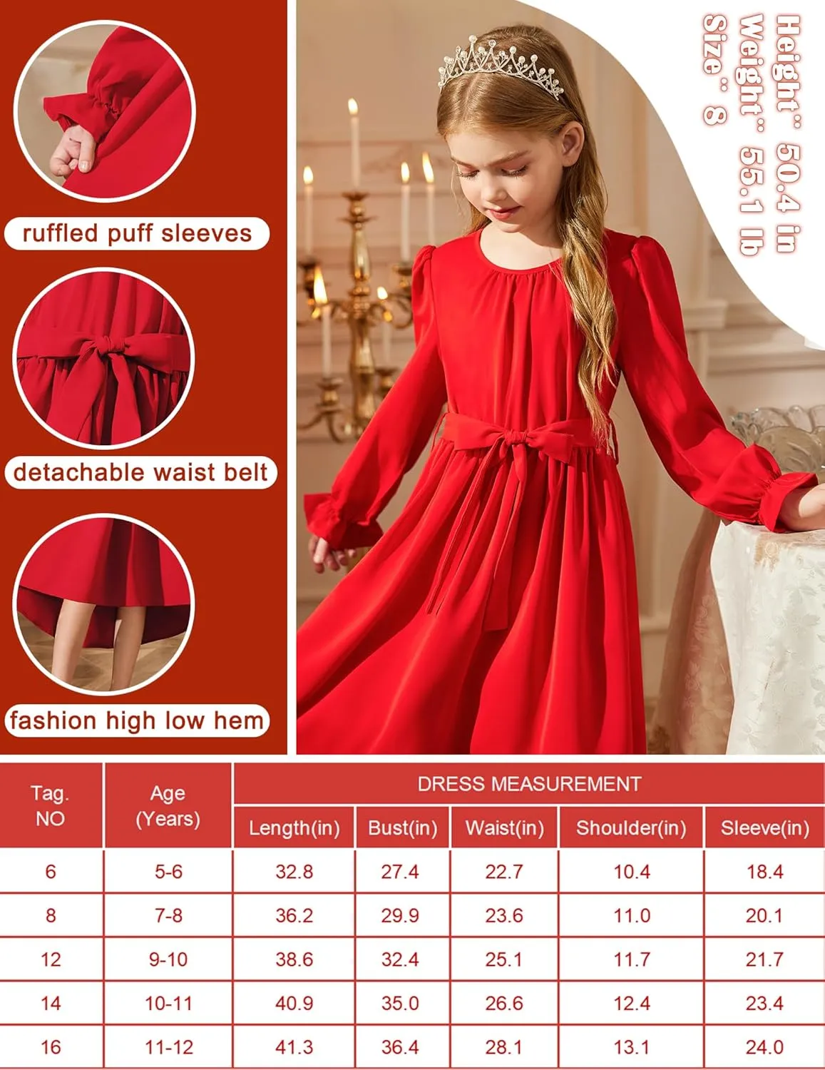 Arshiner Girls Long Sleeve Dress Low Flowy Swing Semi Party Dresses