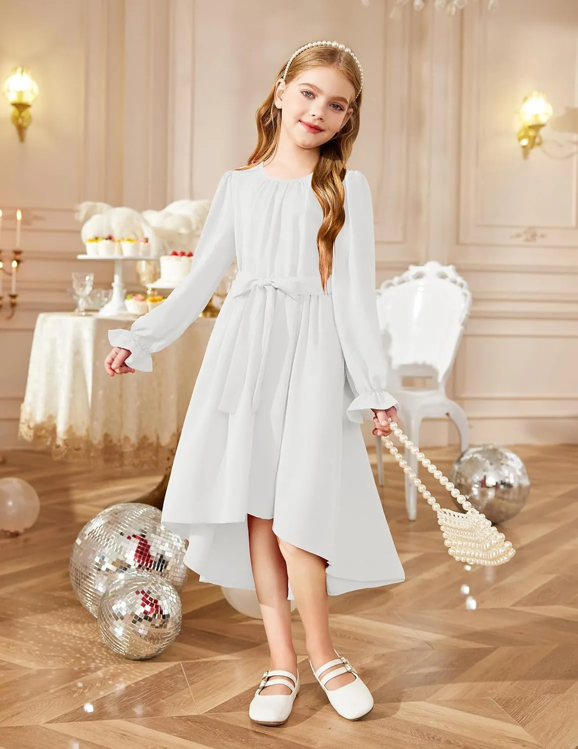 Arshiner Girls Long Sleeve Dress Low Flowy Swing Semi Party Dresses