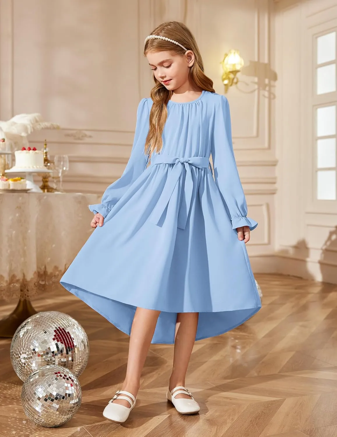 Arshiner Girls Long Sleeve Dress Low Flowy Swing Semi Party Dresses