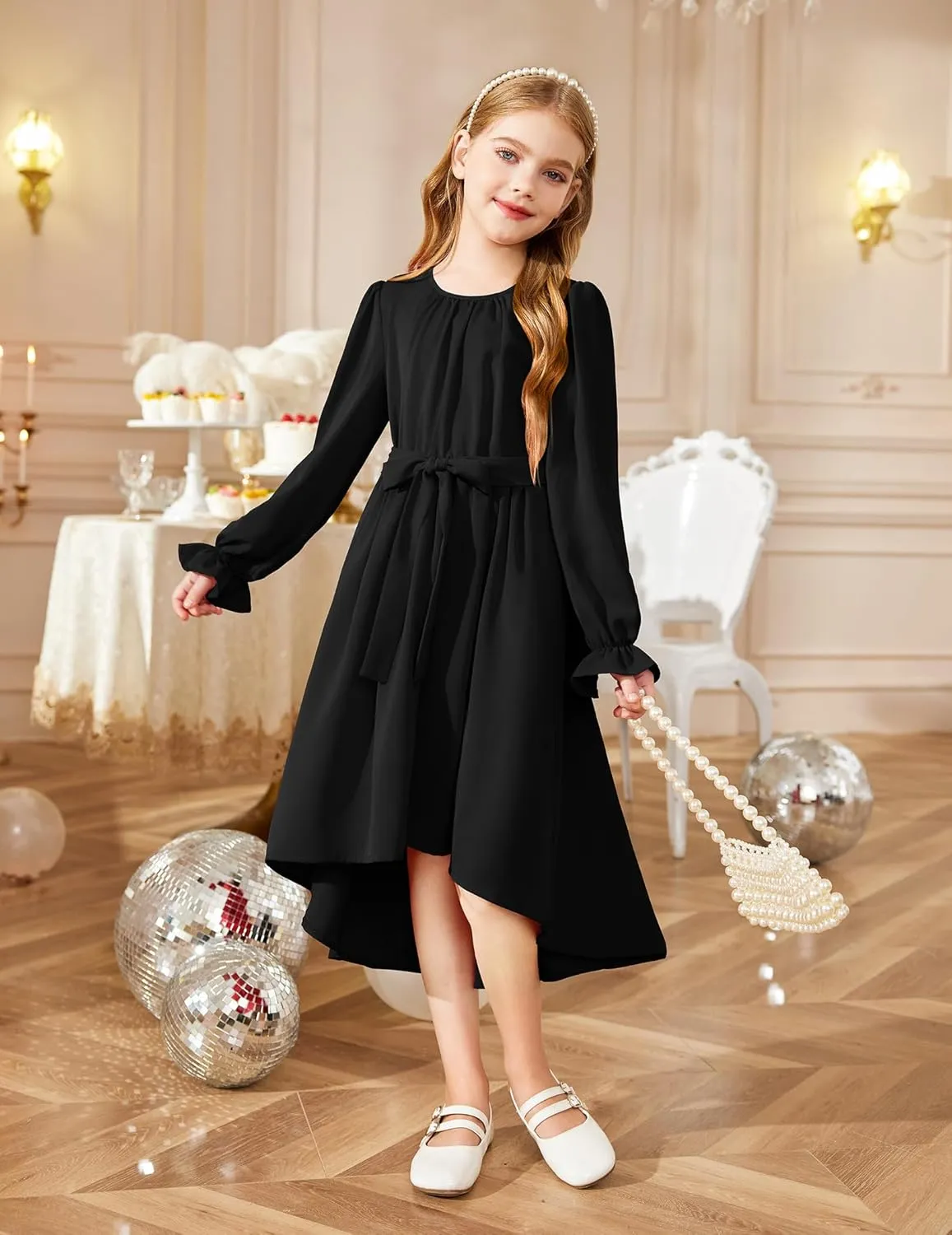 Arshiner Girls Long Sleeve Dress Low Flowy Swing Semi Party Dresses