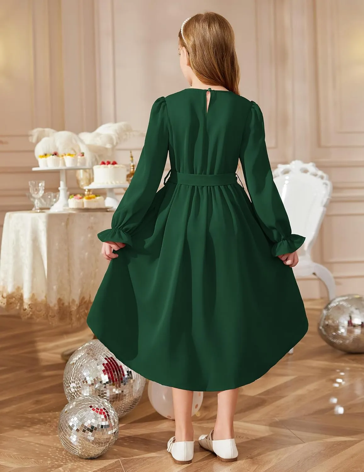 Arshiner Girls Long Sleeve Dress Low Flowy Swing Semi Party Dresses