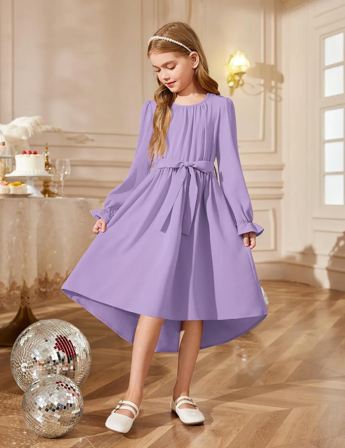 Arshiner Girls Long Sleeve Dress Low Flowy Swing Semi Party Dresses