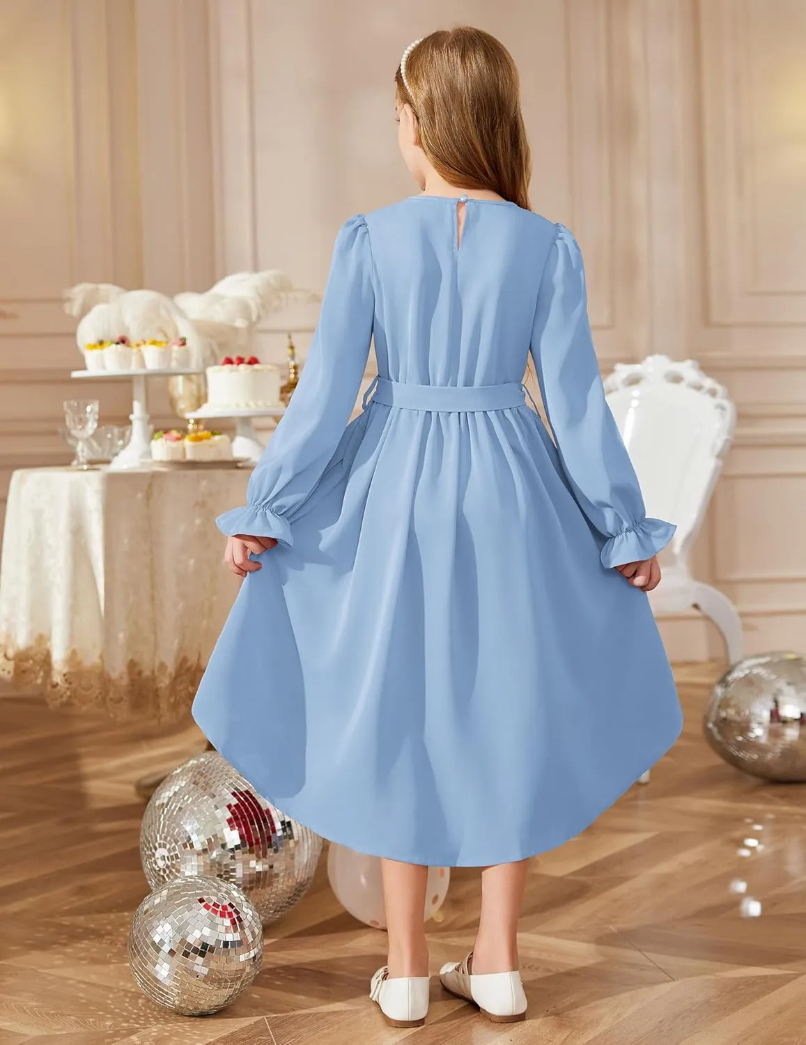 Arshiner Girls Long Sleeve Dress Low Flowy Swing Semi Party Dresses