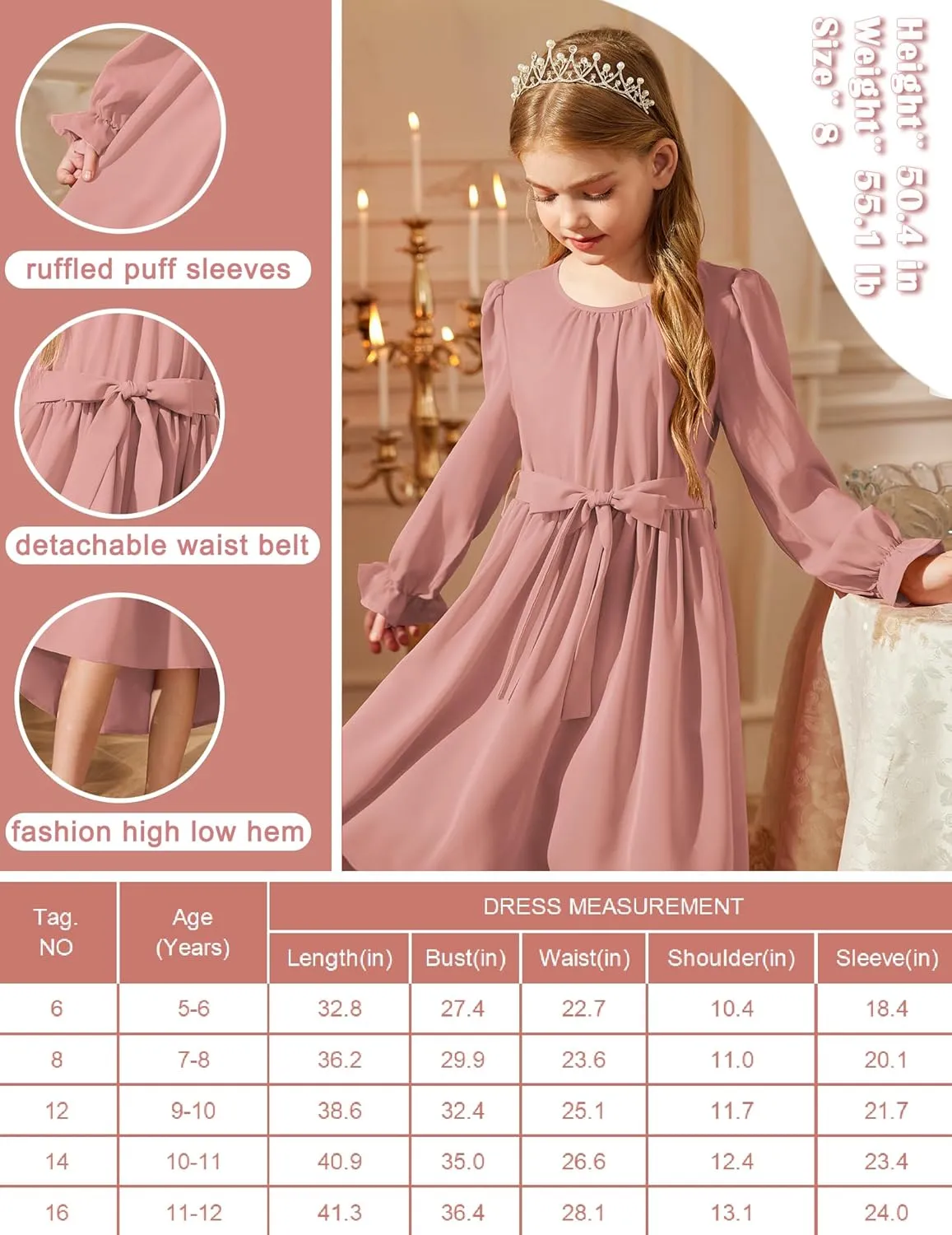 Arshiner Girls Long Sleeve Dress Low Flowy Swing Semi Party Dresses