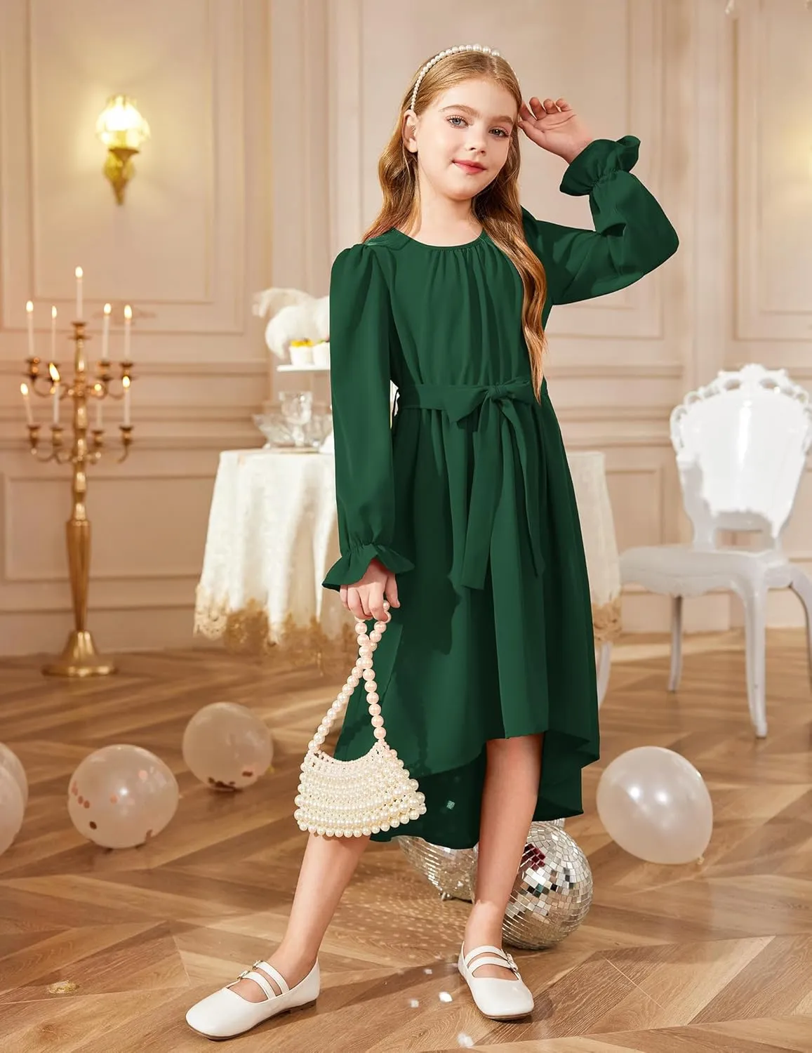 Arshiner Girls Long Sleeve Dress Low Flowy Swing Semi Party Dresses