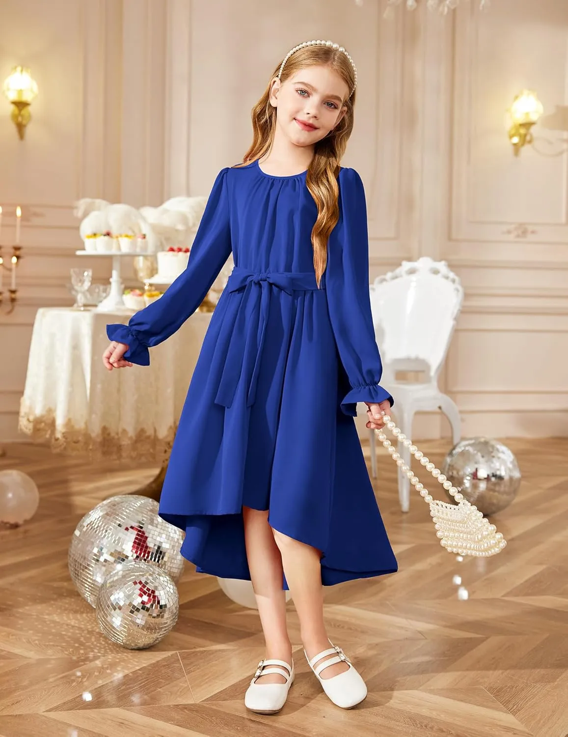 Arshiner Girls Long Sleeve Dress Low Flowy Swing Semi Party Dresses