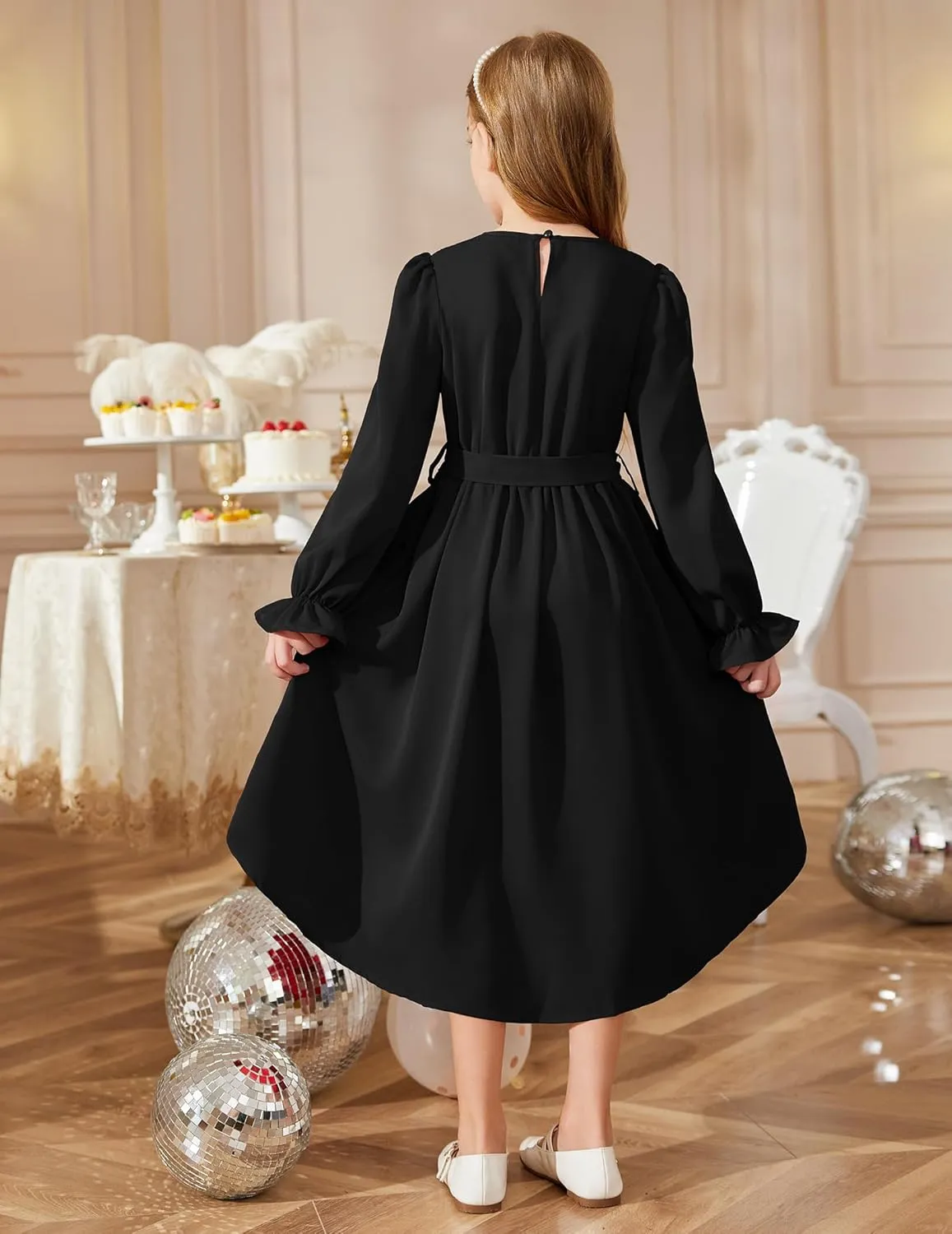 Arshiner Girls Long Sleeve Dress Low Flowy Swing Semi Party Dresses