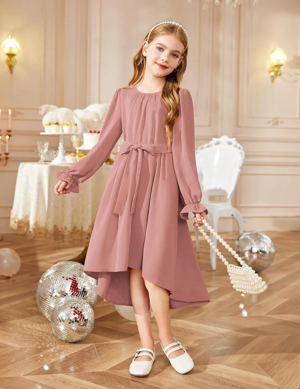 Arshiner Girls Long Sleeve Dress Low Flowy Swing Semi Party Dresses