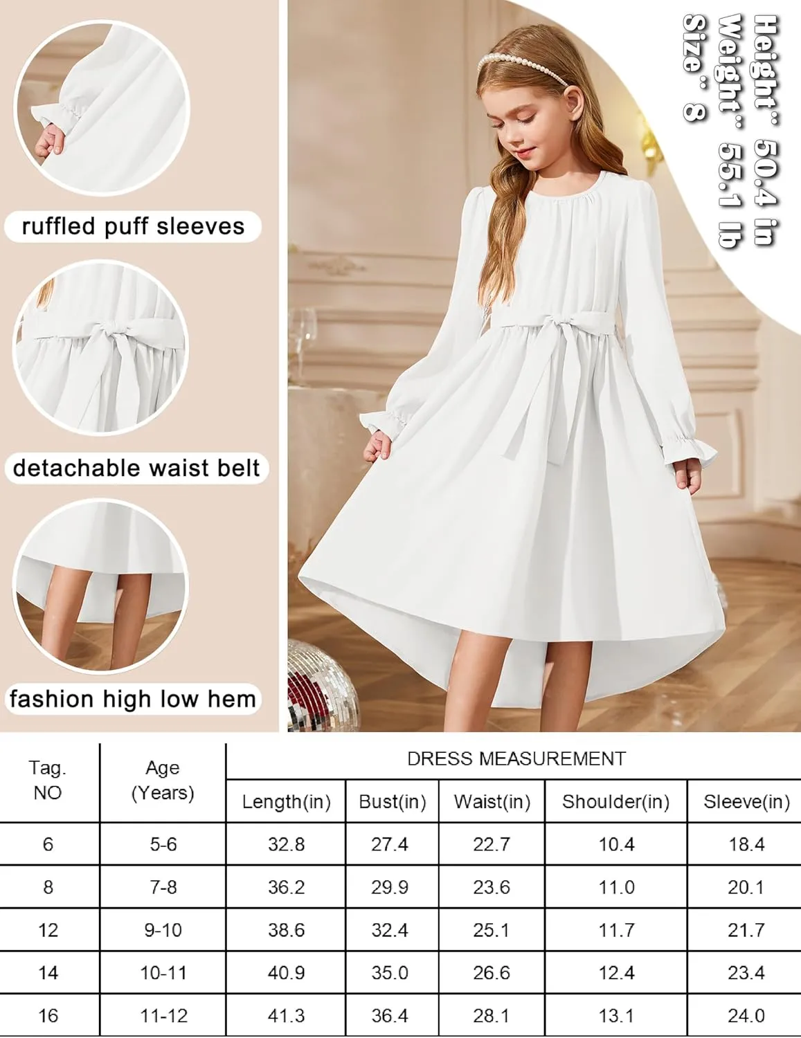 Arshiner Girls Long Sleeve Dress Low Flowy Swing Semi Party Dresses