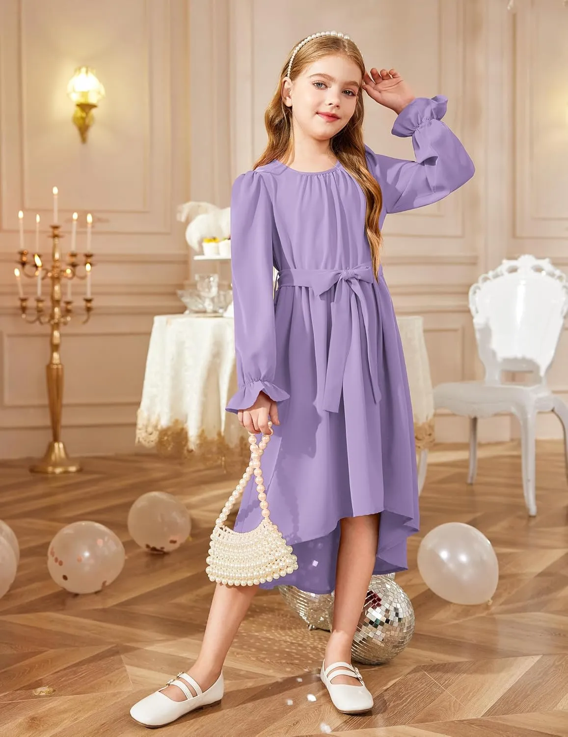 Arshiner Girls Long Sleeve Dress Low Flowy Swing Semi Party Dresses