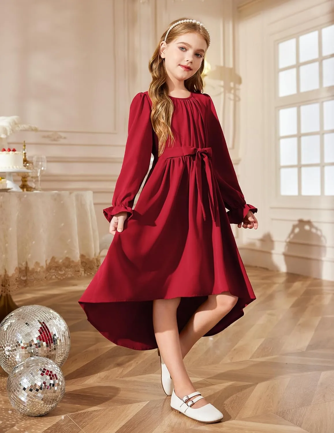 Arshiner Girls Long Sleeve Dress Low Flowy Swing Semi Party Dresses
