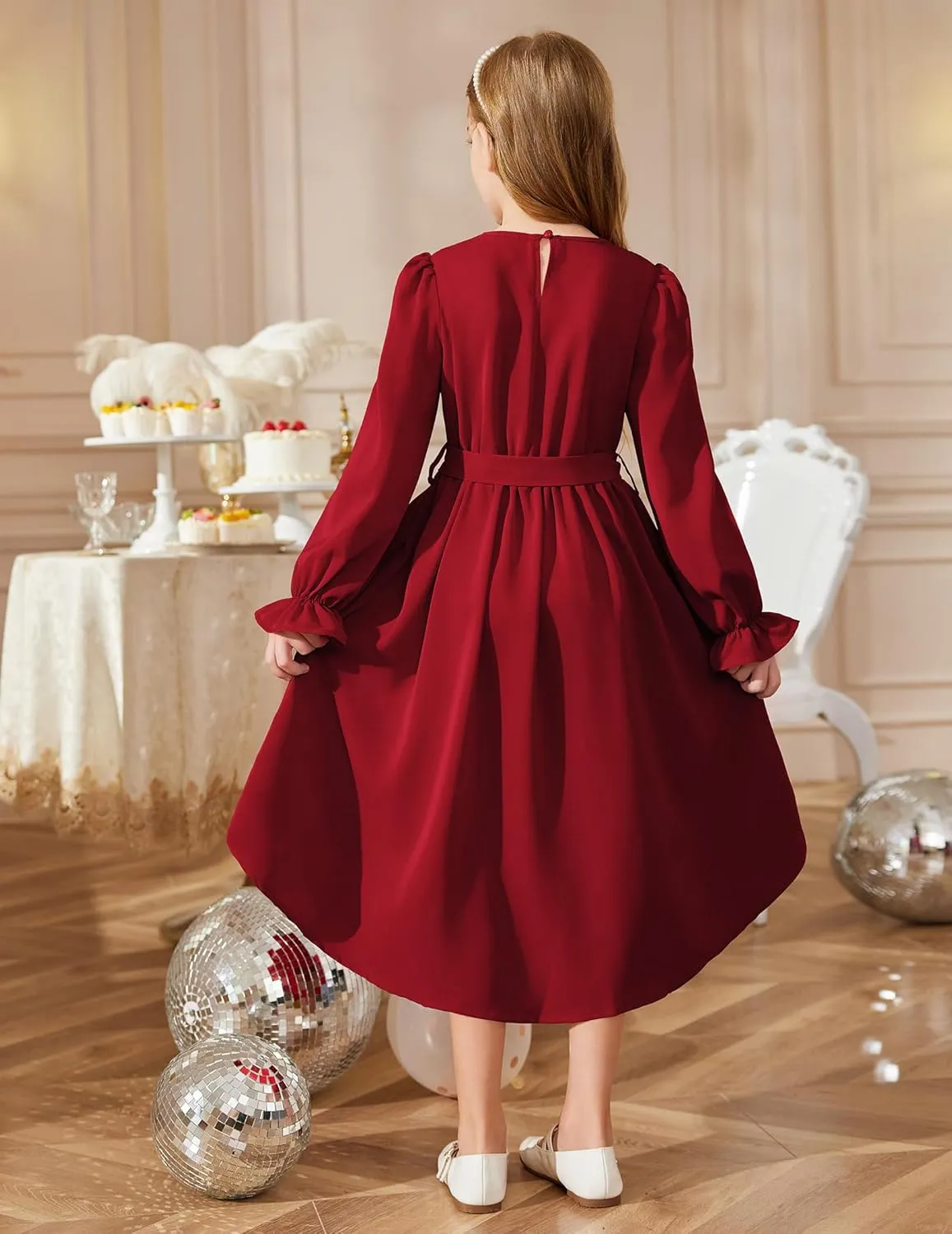 Arshiner Girls Long Sleeve Dress Low Flowy Swing Semi Party Dresses