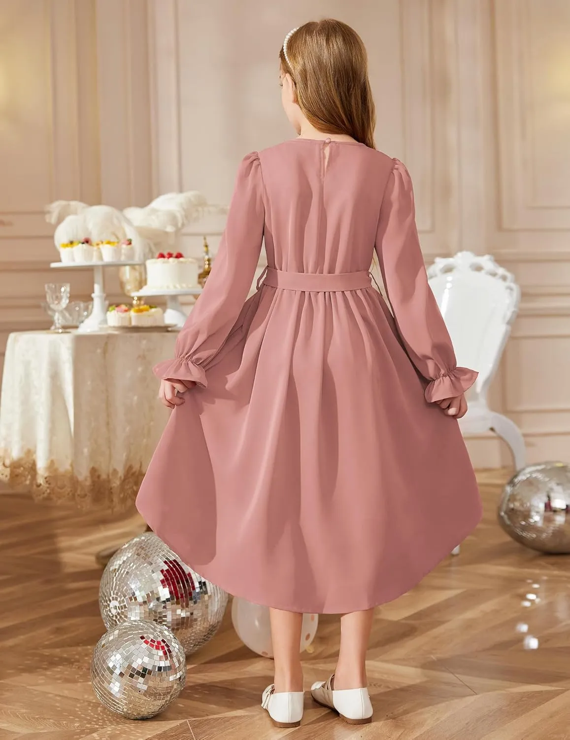 Arshiner Girls Long Sleeve Dress Low Flowy Swing Semi Party Dresses