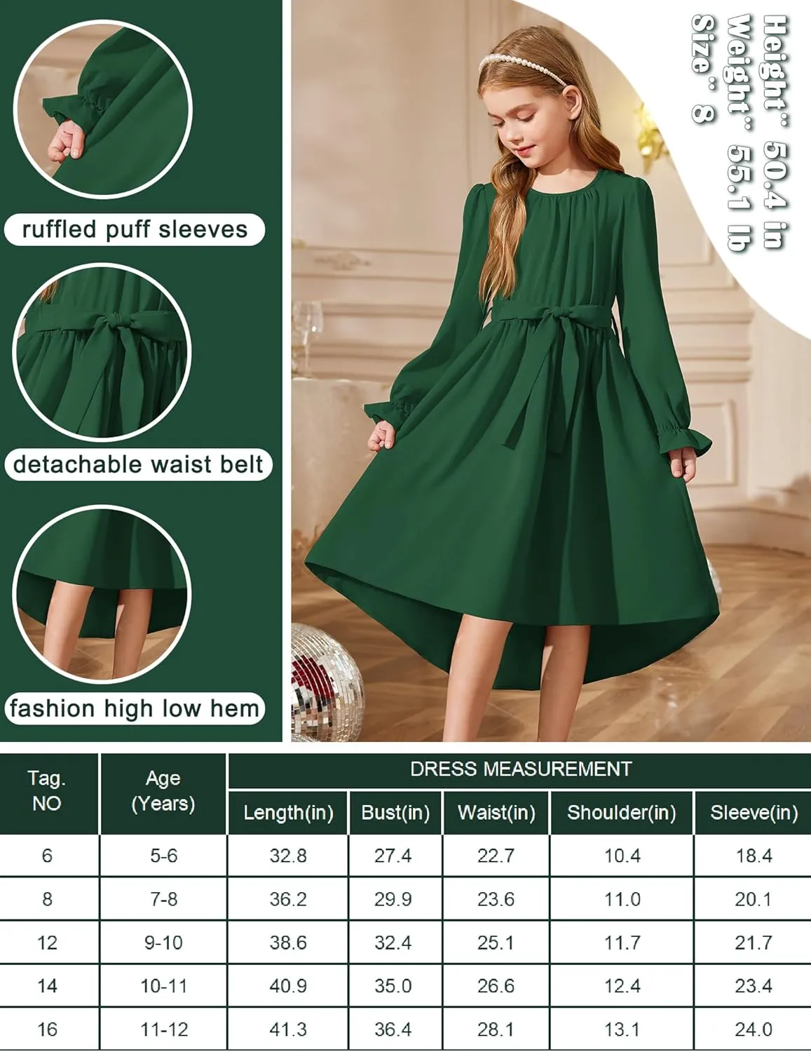 Arshiner Girls Long Sleeve Dress Low Flowy Swing Semi Party Dresses