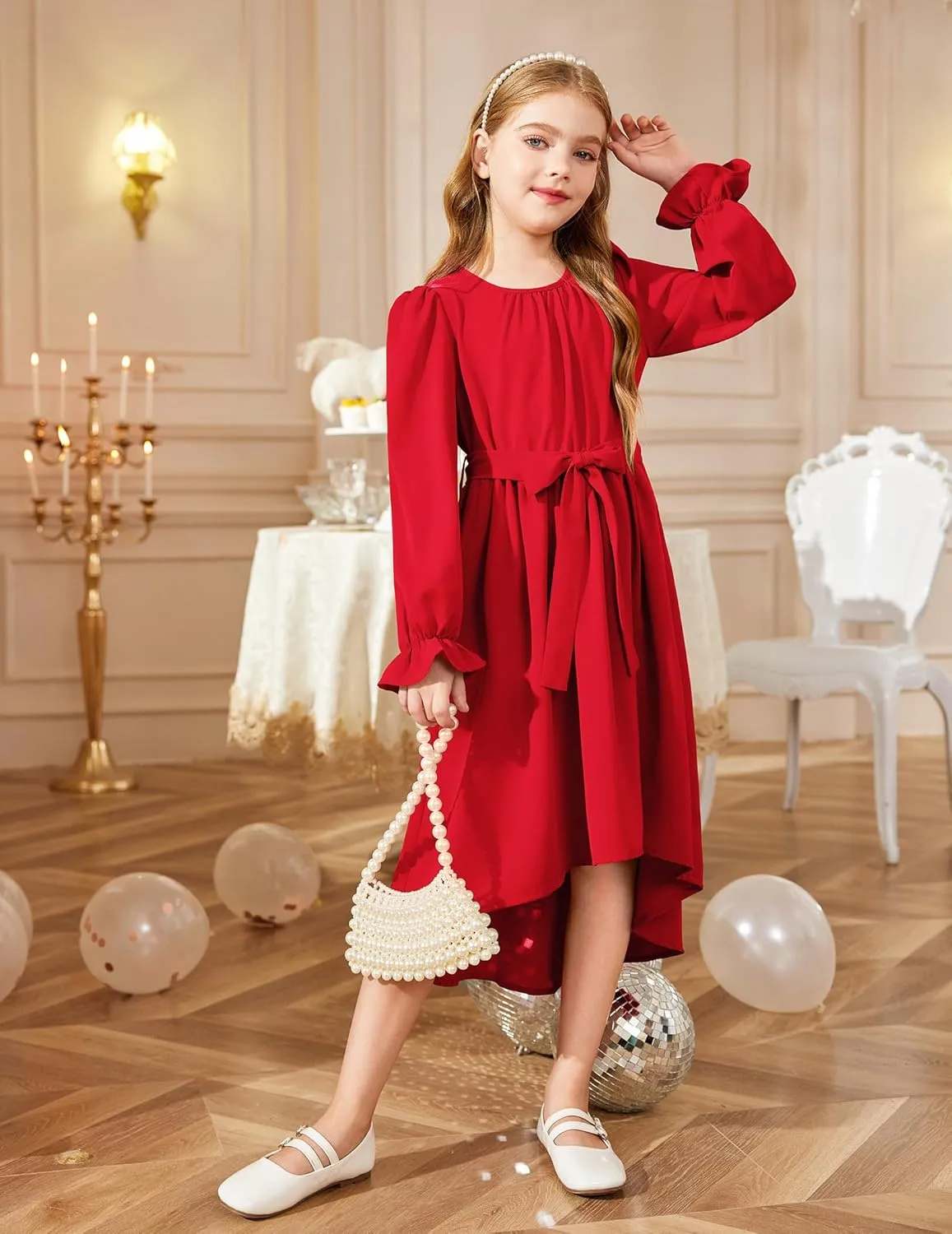 Arshiner Girls Long Sleeve Dress Low Flowy Swing Semi Party Dresses
